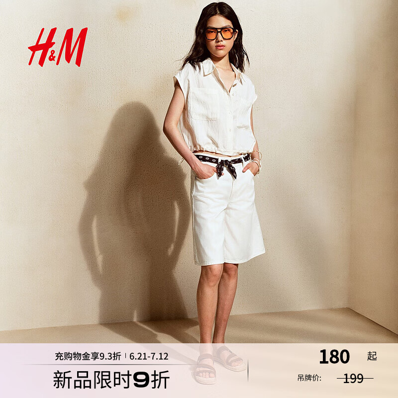 H&M女装衬衫2025夏季新款翻领无袖斜布纹抽绳衬衣短款上衣1297167 白色 M 165/96