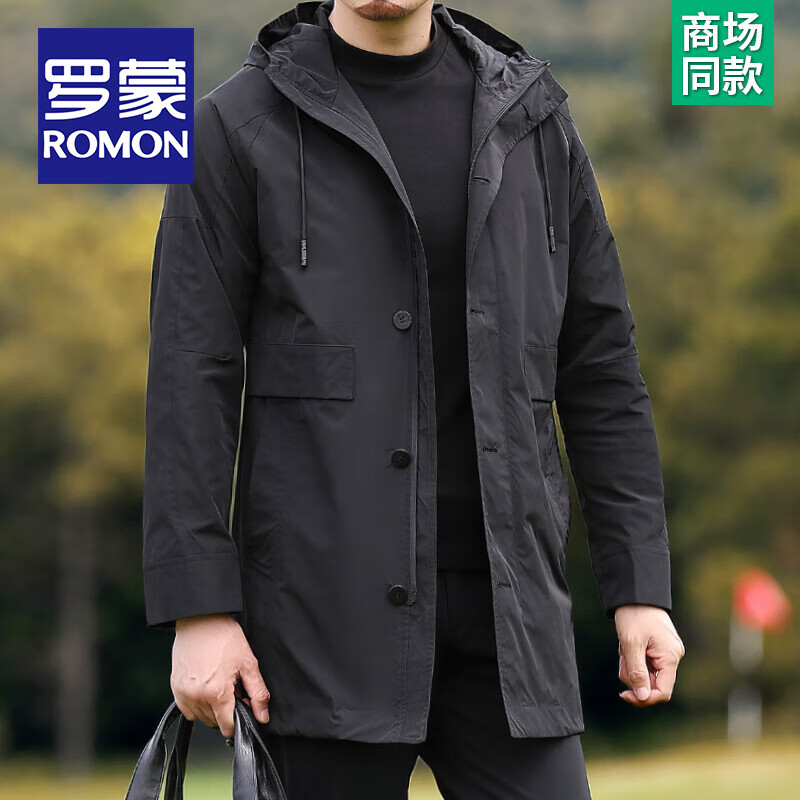 罗蒙（ROMON）高档轻奢风衣男士中长款秋冬新款商务休闲中年保暖连帽外套爸爸装 【春秋款】FY192213黑色 M /170码