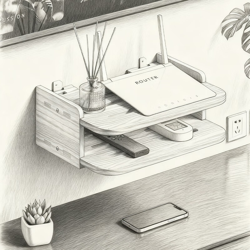 尔思家路由器放置架免打孔实木机顶盒置物架客厅墙面家用挂墙储物架子 原木色双层-中号【进口实木】