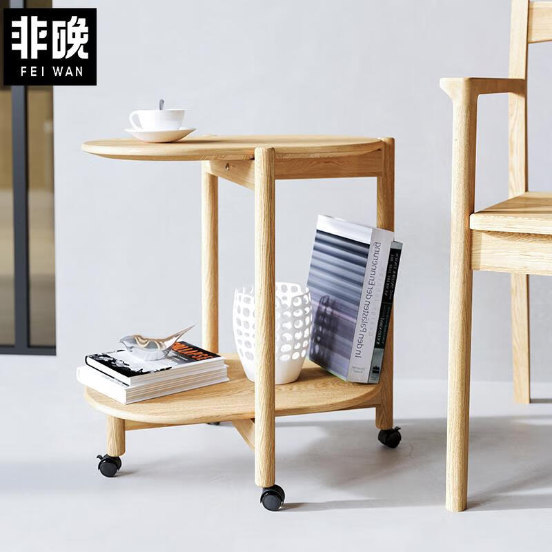 非晚可移動(dòng)茶幾推車(chē)全實(shí)木活動(dòng)邊幾帶輪白橡木床頭推桌日式木質(zhì)置物架 白橡木可移動(dòng)茶幾
