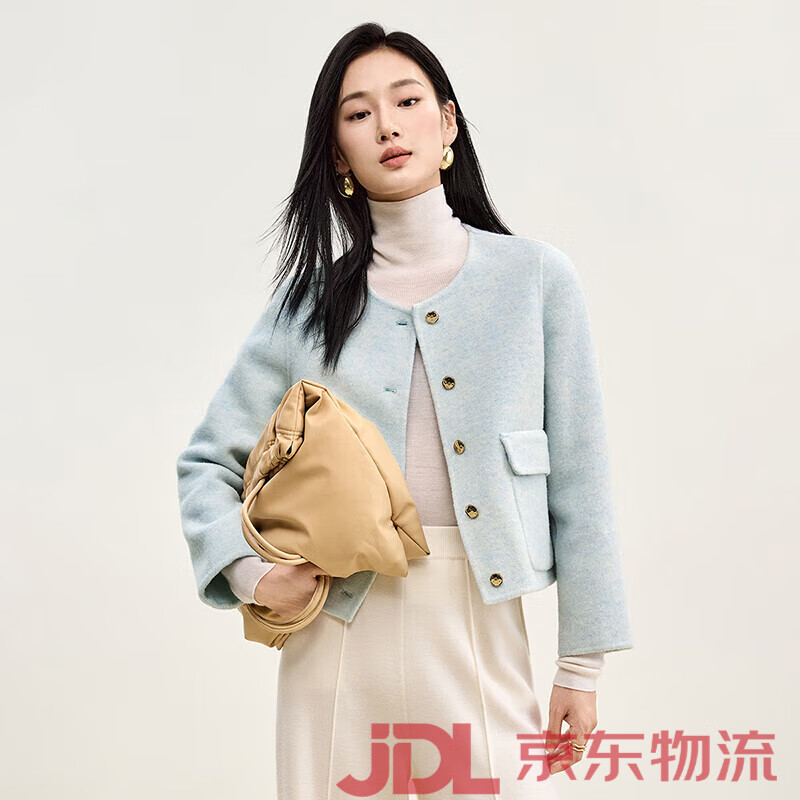 尚都比拉（Sentubila）毛呢外套女秋新款小個子短款雙面呢羊毛呢子大衣女 淺藍(lán)色 S