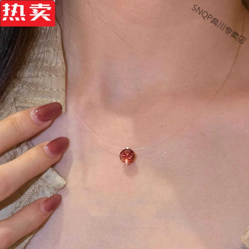 SNQP港澳輕奢高端品質(zhì)925通體銀莫桑隱形魚(yú)線(xiàn)紅閃鉆頸鏈鎖骨項鏈配飾 項鏈