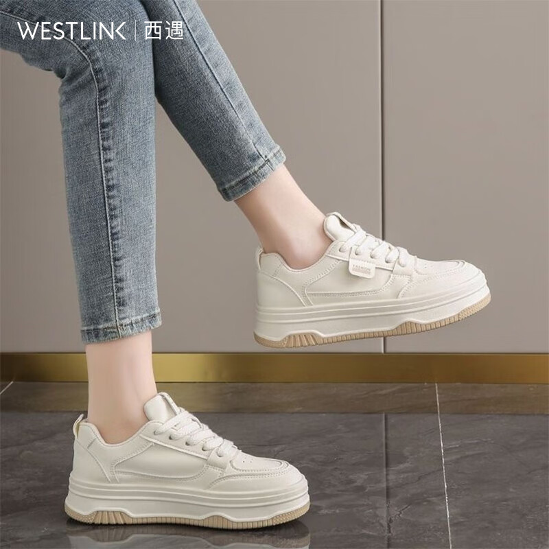 西遇（Westlink）面包小白鞋女2025新款秋季韩系百搭白色系带休闲鞋子厚底板鞋 白色 （预售20天） 37 (235)