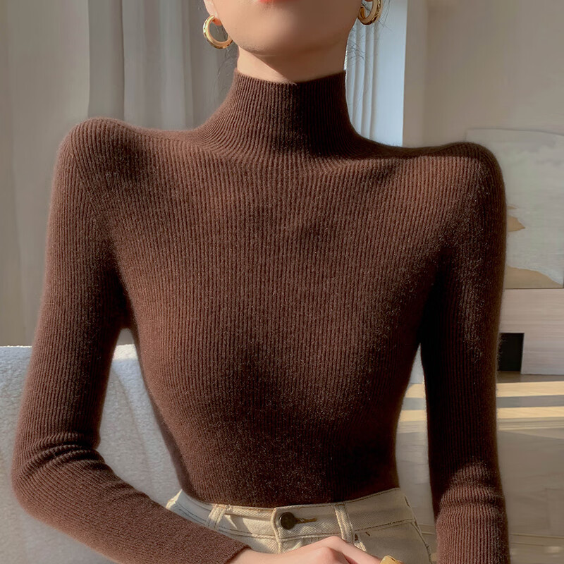 香影纯秋冬新款半高领针织衫女修身显瘦气质洋气打底衫女内搭长袖毛衣女 优雅米驼色 XL (建议115-125斤)