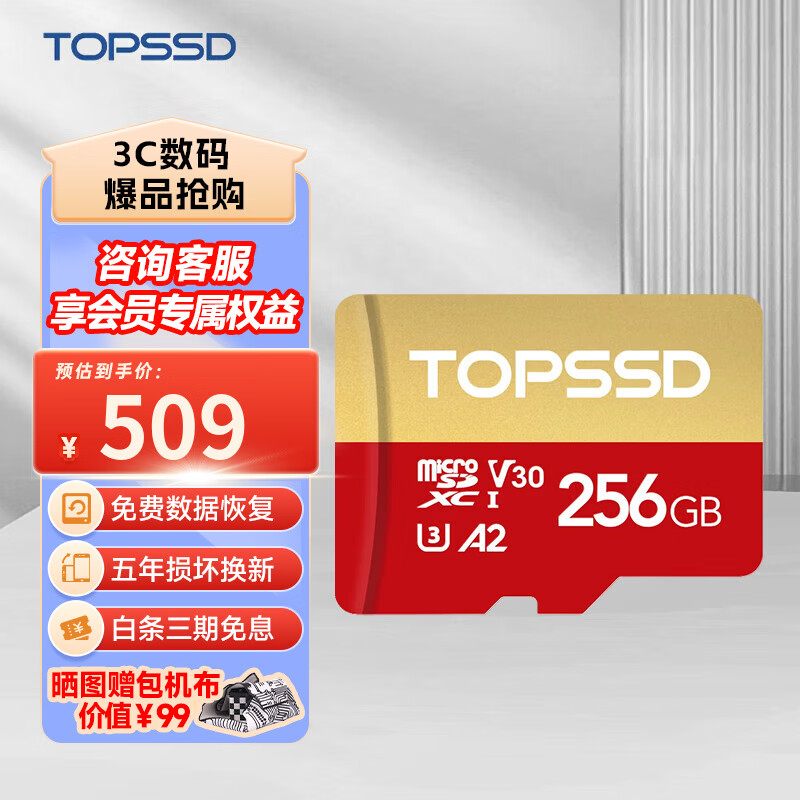 天硕（TOPSSD）Micro SD (TF卡) 运动相机 大疆无人机高速存储卡TF内存卡 200MB/s 256GB 官方标配