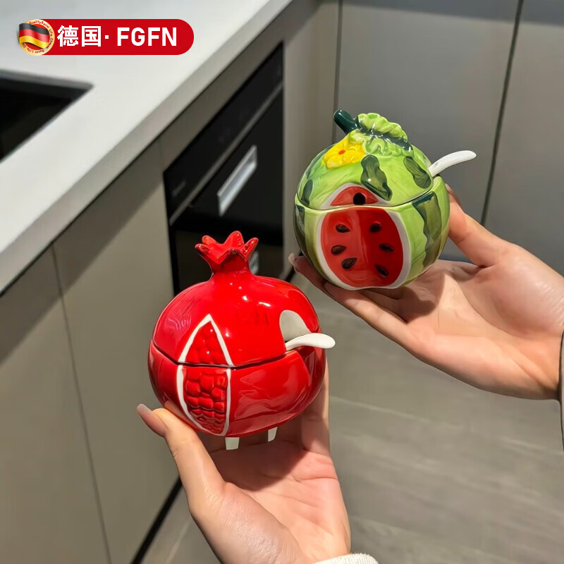 FGFN德国石榴调味罐厨房花椒佐料陶瓷收纳罐子创意带盖勺仿真水果糖罐 【石榴+西瓜】调味罐