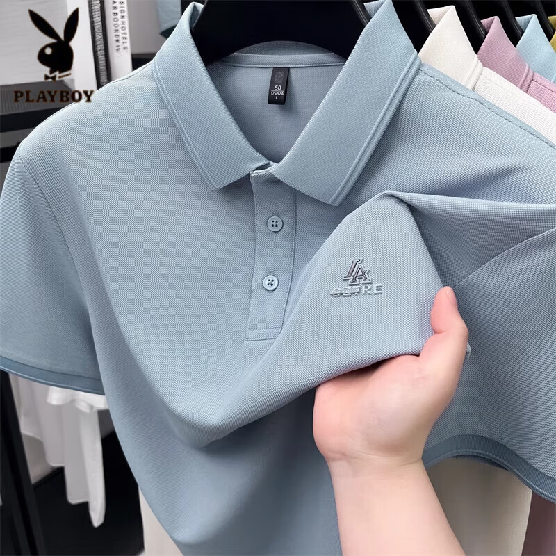 花花公子（PLAYBOY）7A抗菌POLO衫短袖男士T恤休閑2025新款夏季薄款翻領(lǐng)中年保羅衫 雅灰蘭 XL 175 52建議140-155斤