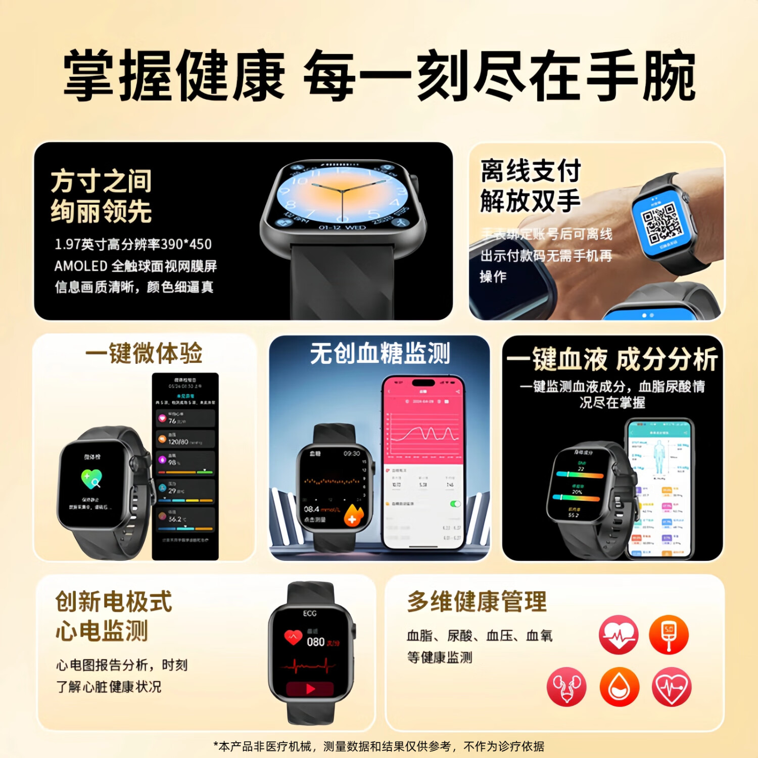 FUKR华为机适用血糖血压监测手表测血脂尿酸心率血氧趋势评估智能健康一体机老人免扎针仪器运动手环 顶配黑【高端私人精准监测+血糖尿酸血压一体机】