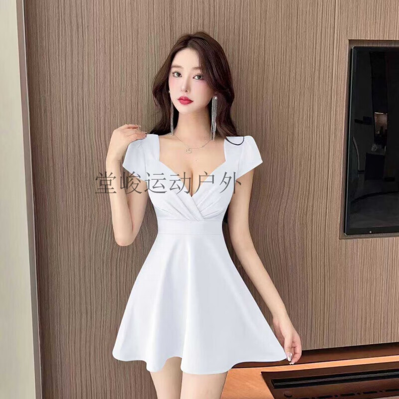 堂峻夜場店女裝性感工作服低胸裝深V領(lǐng)氣質(zhì)法式收腰顯瘦夏季連衣裙子 白色 L