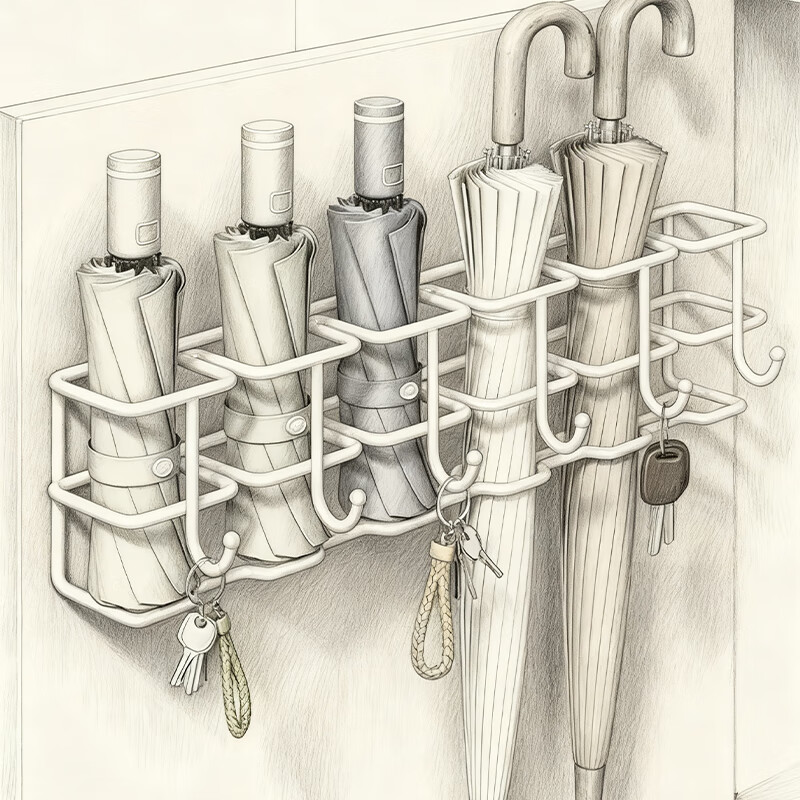 尔思家雨伞放置架伞架门口沥水架家用收纳神器免安装挂钩挂壁式门后架子 白色4格+4钩【送无痕贴*2无痕钉*2】