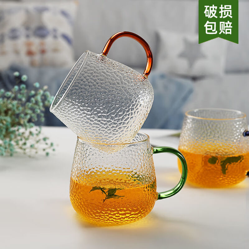 玻璃水杯带把手耐高温防爆泡茶杯家用大容量喝水杯套装ins简约杯 4只（金蓝红绿）450ml