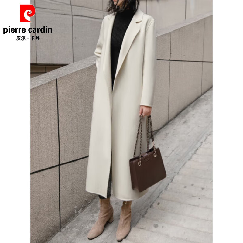 皮尔卡丹2026米白色双面羊绒呢大衣女超长款过膝气质宽松显瘦羊毛呢外套冬 米白色 S (155)