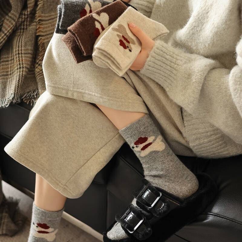 毛绒小狗袜中筒袜 五双装