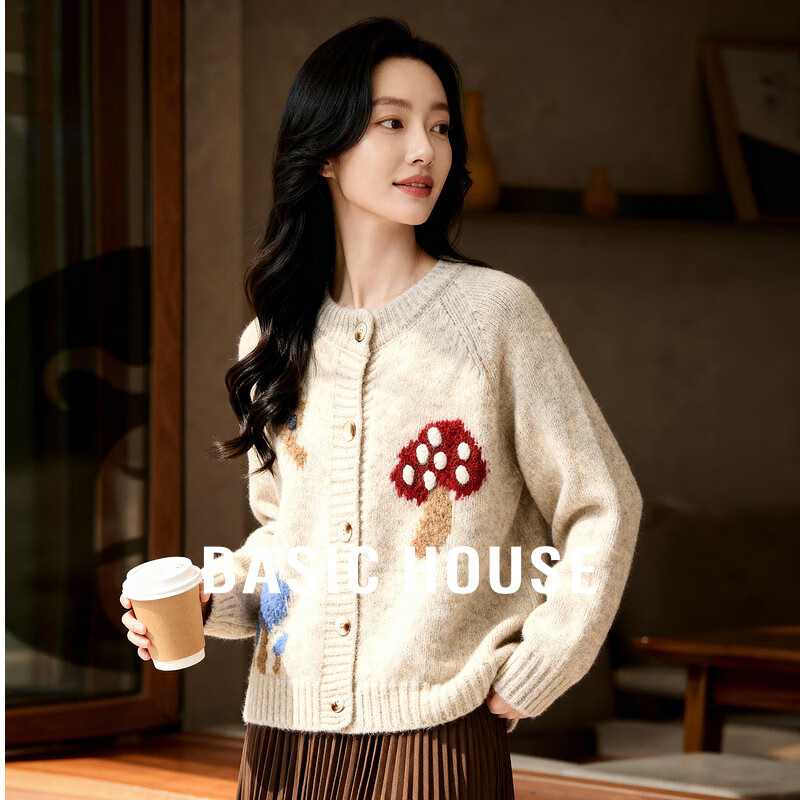 百家好（Basic House）25冬新童趣软糯可爱外套立体蘑菇提花开衫毛衣 米色 M