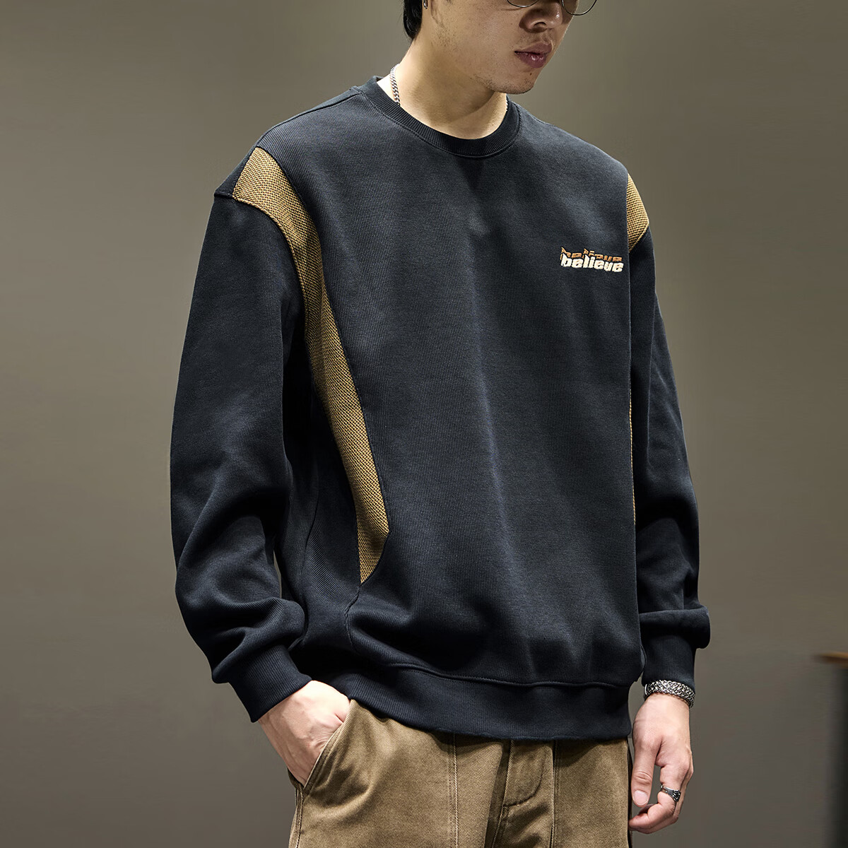 新百伦重磅卫衣男士秋冬款宽松大码长袖t恤高端加绒加厚上衣外套男 黑色 常规 XL 码【建议140-160斤】