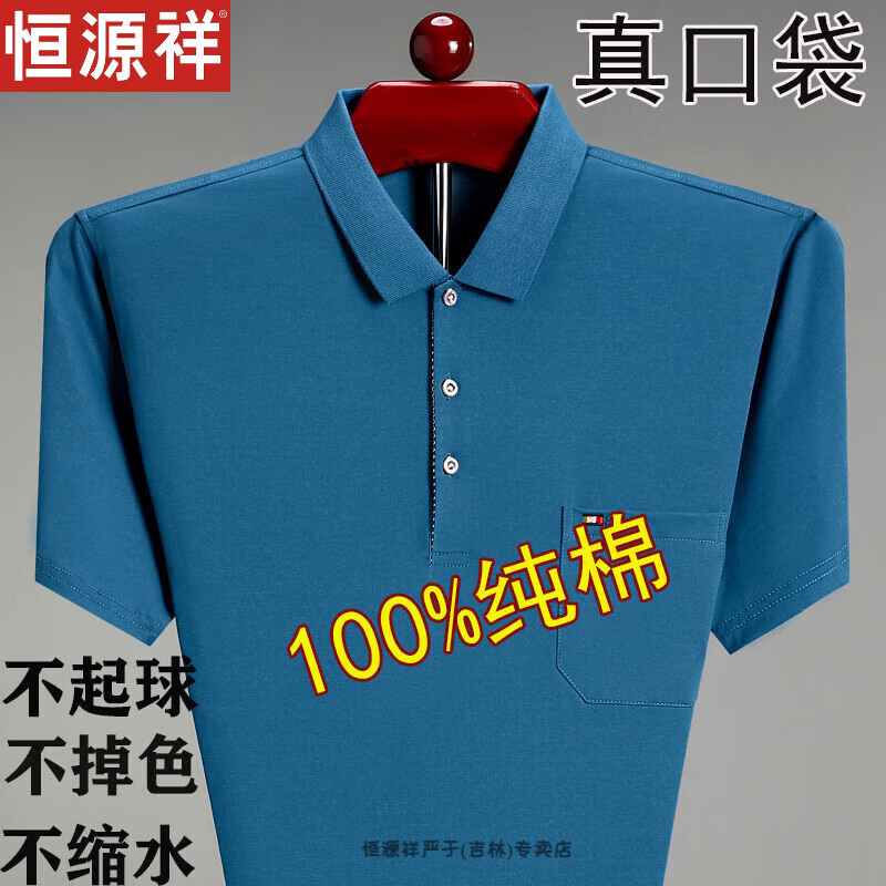 恒源祥短袖T恤男士真口袋翻领纯棉休闲宽松中老年POLO打底衫半袖男 6633-蓝色 175/XL建议135-150斤