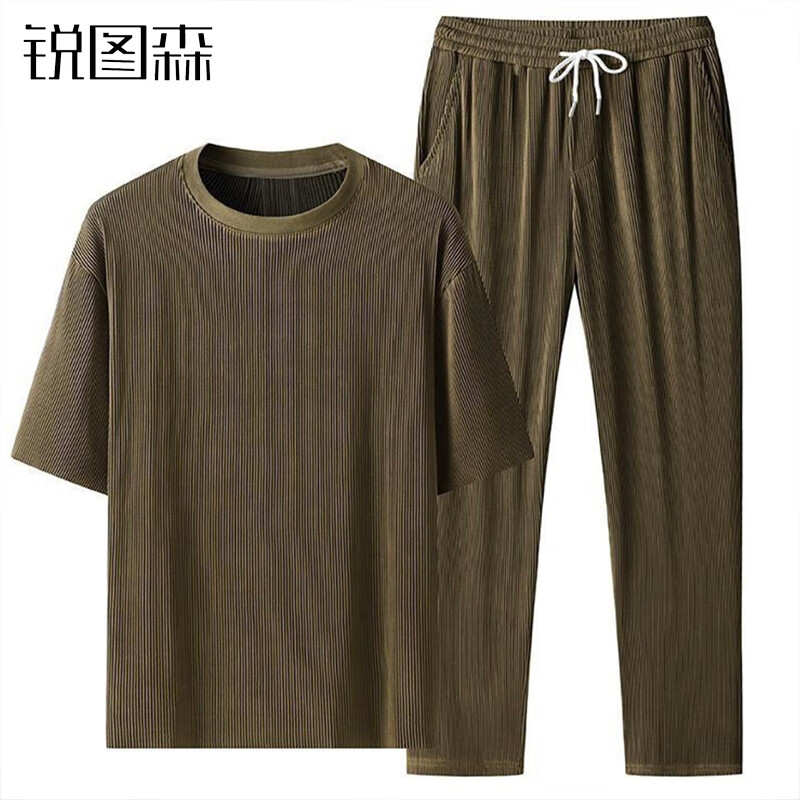 锐图森热销爆款冰丝罗纹套装夏季冰丝运动套装男垂感速干短袖长裤两件套 黑色 XL（建议110-130斤）