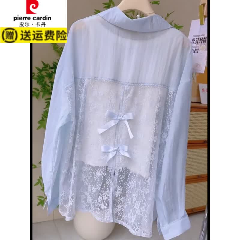 皮尔卡丹（pierre cardin）后背镂空防晒衬衫2025夏季新款小众别致小衫拼接蕾丝长袖衬衣外套 白色 S