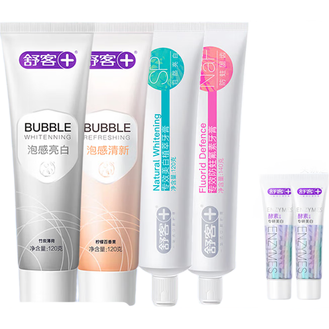 舒客小苏打牙膏美白清新口气臭牙齿炫白牙黄烟渍牙渍牙垢薄荷味 红花清火120g*2支+美白120g+防蛀 140g*1支