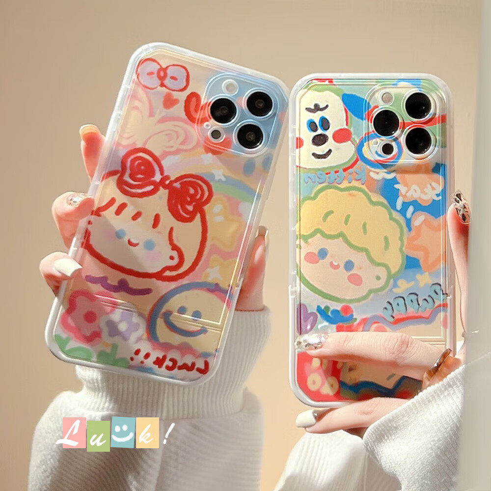 【实用】卡通情侣涂鸦15适用iPhone13promax苹果手机壳14隐形支架 白色宠物男孩 16promax