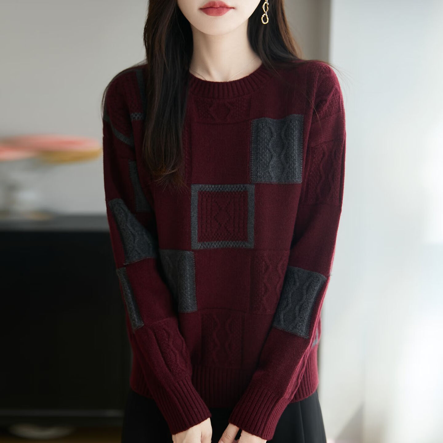 【百搭舒适】新款圆领格子针织衫2025秋冬保暖时尚百搭毛衣长袖 安可拉红【优质针织】 L 【建议108-120斤】