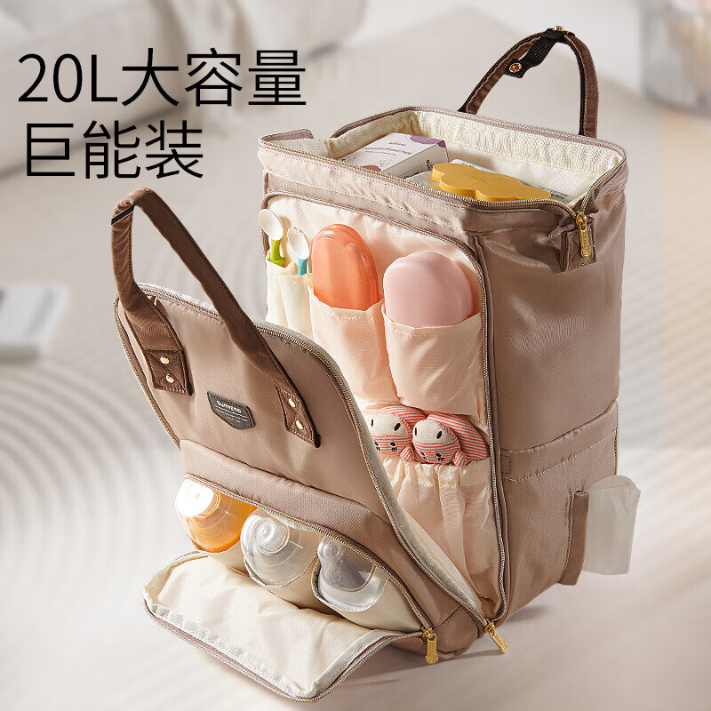 三美嬰（SUNVENO）母嬰包大容量媽媽包外出時尚手提雙肩后揹包媽咪包母嬰外出輕便 咖色(20L大容量/送防尿墊)