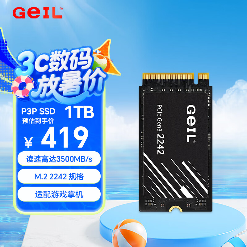 GEIL金邦 1TB SSD固态硬盘M.2接口PCIe 3.0（NVMe协议）2242短板 掌机游戏 高速3500MB/S P3P系列