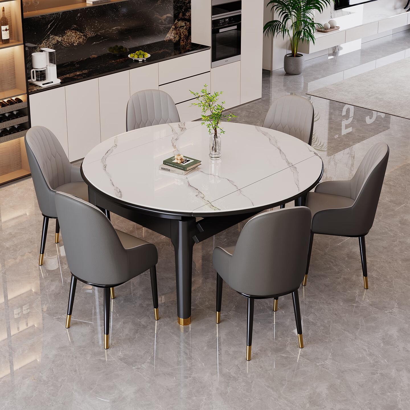 木斌实木岩板餐桌椅子全套现代简约家用小户型伸缩可折叠饭桌可变圆桌 【12MM岩板】 1桌4太空椅 （抗菌岩板） 1.5米