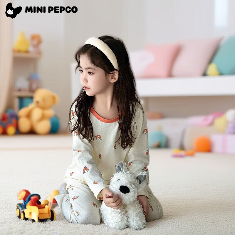 小猪班纳（PEPCO）秋冬季新款儿童睡衣套装秋衣秋裤无骨莱卡男童女童纯棉a类家居服 莱卡-玫瑰花竖条 140 cm