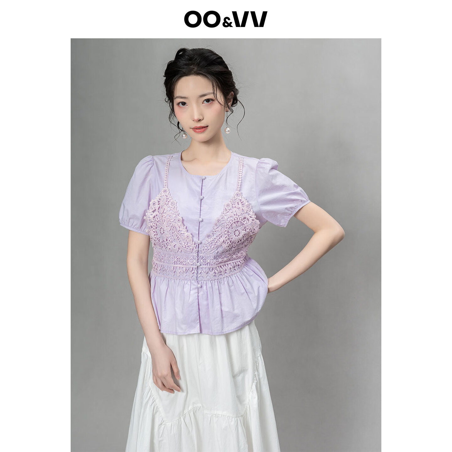 OO&VV蕾丝拼接短袖衬衫女2025夏新款圆领修身显瘦百搭上衣薄款 柔雾紫 XL