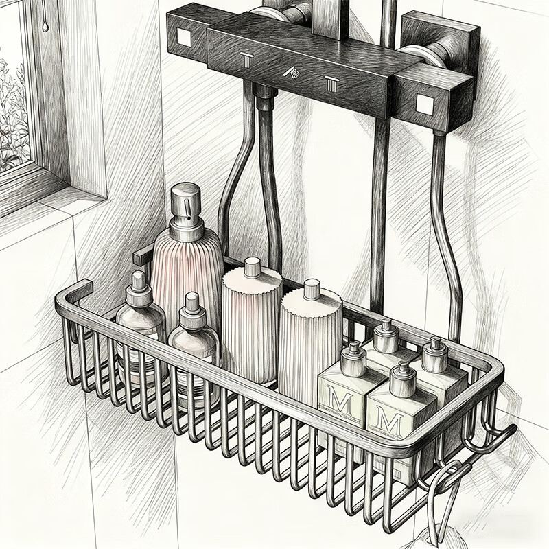 尔思家浴室三角置物架挂钩免打孔卫生间收纳壁挂式2025新款沐浴露沥水架 【悬挂式】枪灰色【篮子长30CM】
