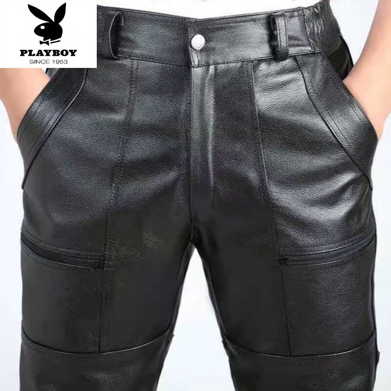 花花公子(PLAYBOY)皮褲男真皮牛皮羊皮保暖機車皮褲摩托車褲子男士戶外高腰防風男式 黑色 多兜加棉內襯拆卸牛皮褲 31 2尺4腰圍