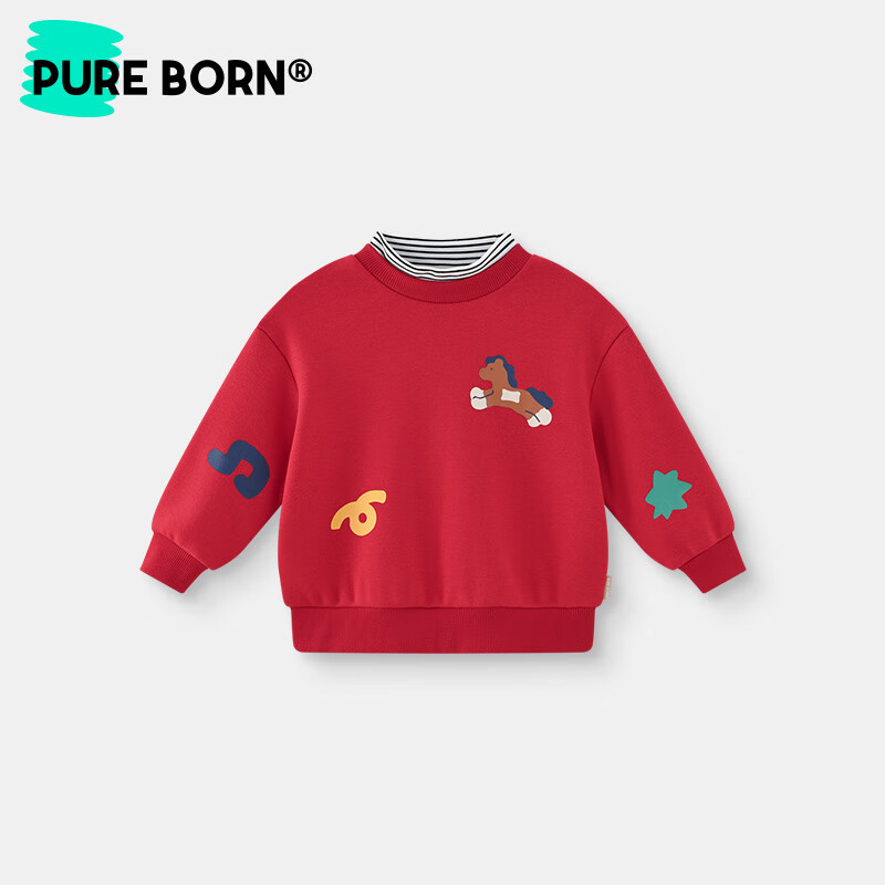 博睿恩【加绒】男女宝宝半高领卫衣2025秋冬款儿童保暖拜年服上衣 爆竹红 120