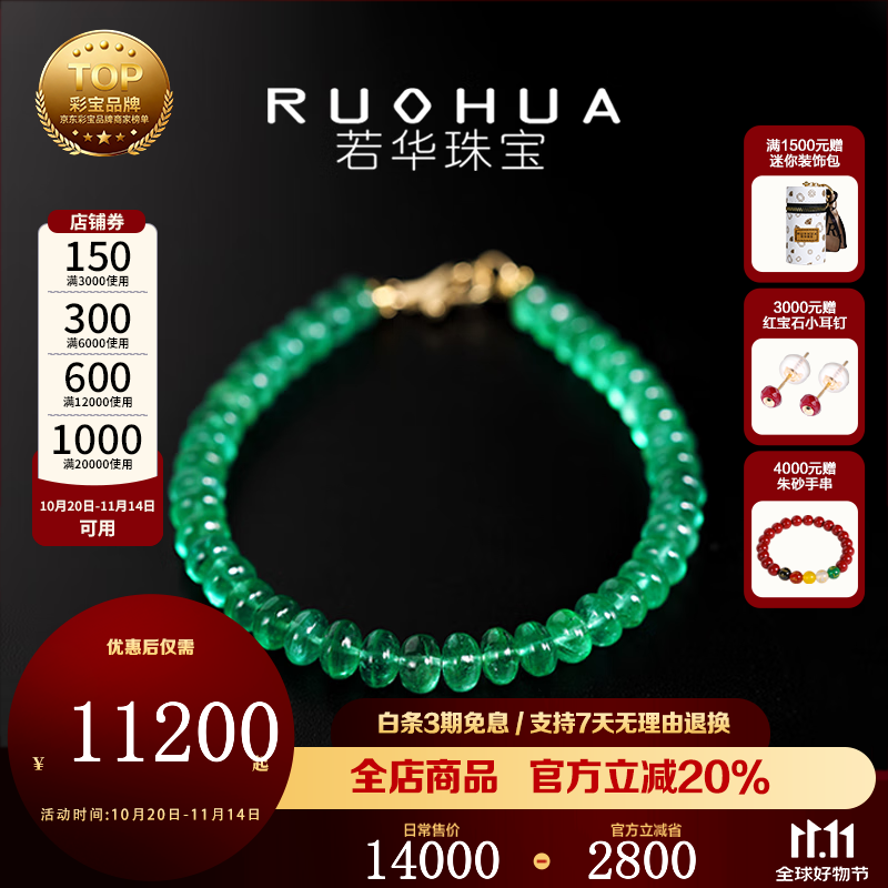 若华（RUOHUA）青柑 大颗粒素面祖母绿手链女18K金宝石手串彩宝生日礼物送女友 5-6mm祖母绿手链【长19cm】