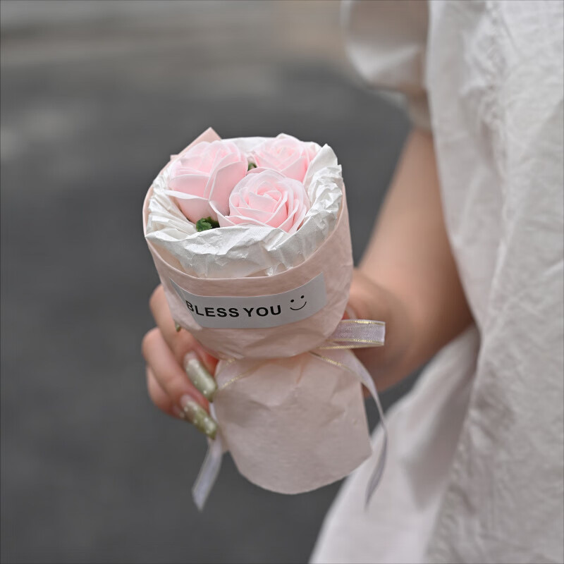 皓梵洁口袋花束迷你小花束手捧花玫瑰干花假花永生花教师节礼物见面鲜花 三朵粉红小玫瑰