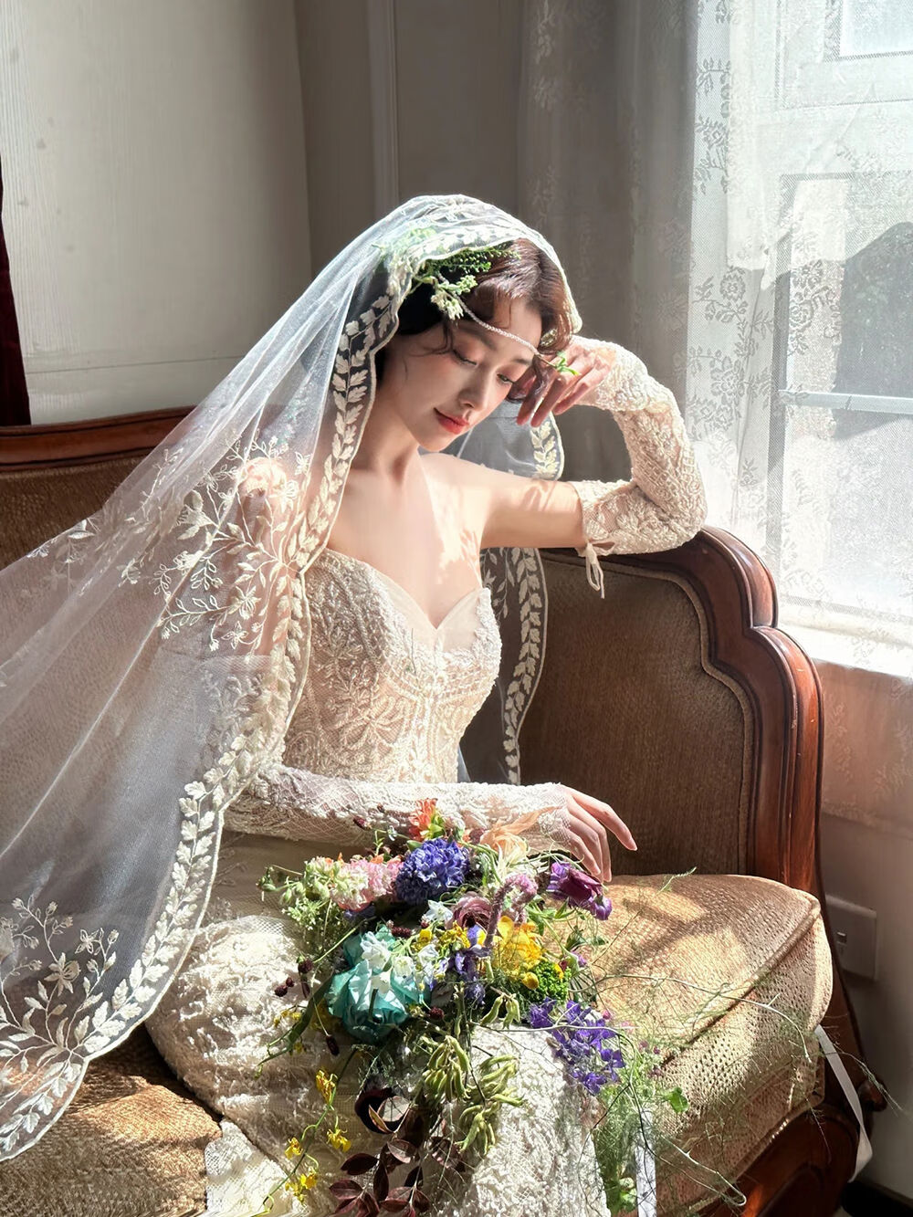 麦穗边复古感长款大拖尾头纱超仙森系新娘结婚蕾丝花边头纱 梦瑶1点5*