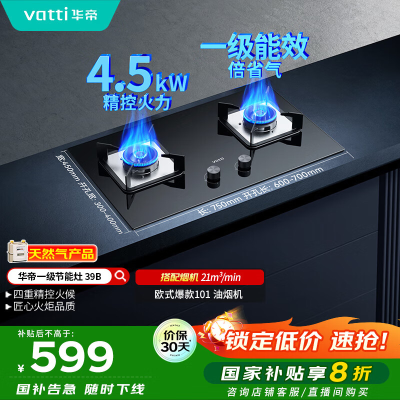 华帝（VATTI）国家补贴燃气灶天然气双灶家用台式嵌入式4.2kW钢化玻璃一级能效双灶台灶具i10039B【天然气产品】