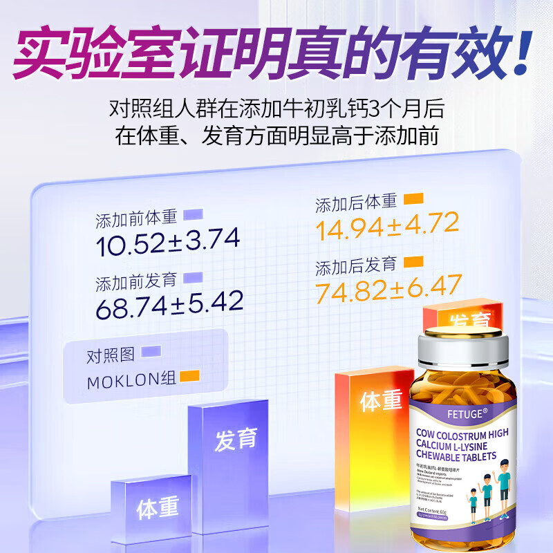 FETUGE牛初乳成长赖氨酸助长高钙铁锌氨基丁酸γ儿童青少年生长素钙片 三瓶进阶装【买二送一】 60粒*3瓶