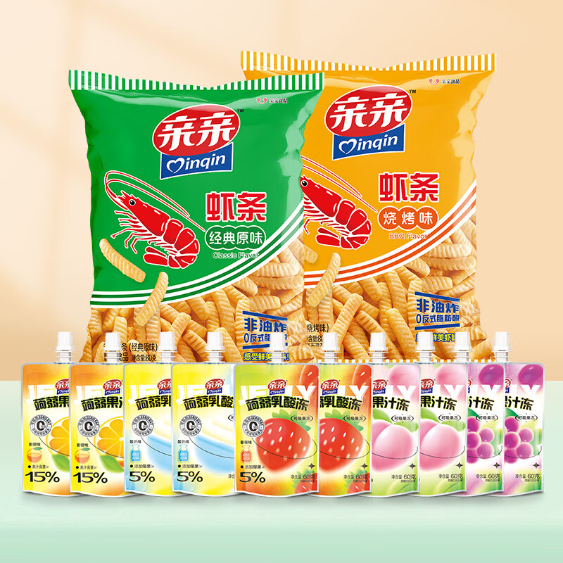亲亲果冻组合大礼包 休闲零食膨化虾条 虾条80g*2+60g蒟蒻吸吸果冻*10支