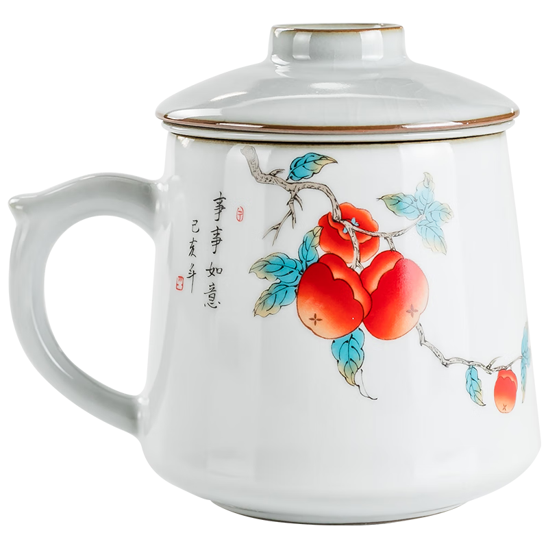 京峰閣 茶具茶杯 汝窯柿子辦公杯開片蟬翼紋茶水分離帶蓋三件套泡茶杯 汝窯柿子辦公杯