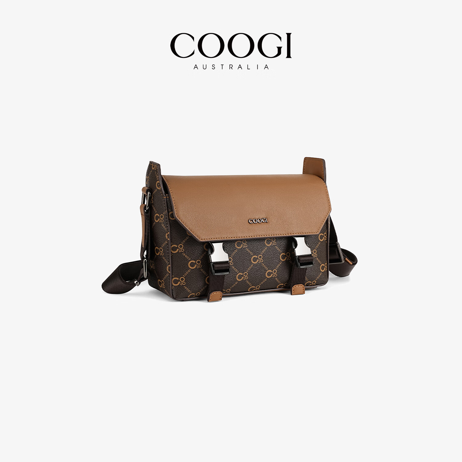 COOGI男士斜挎包轻奢旅行包通勤单肩背包大容量邮差电脑包相机包 咖啡色 22.5*8*17cm