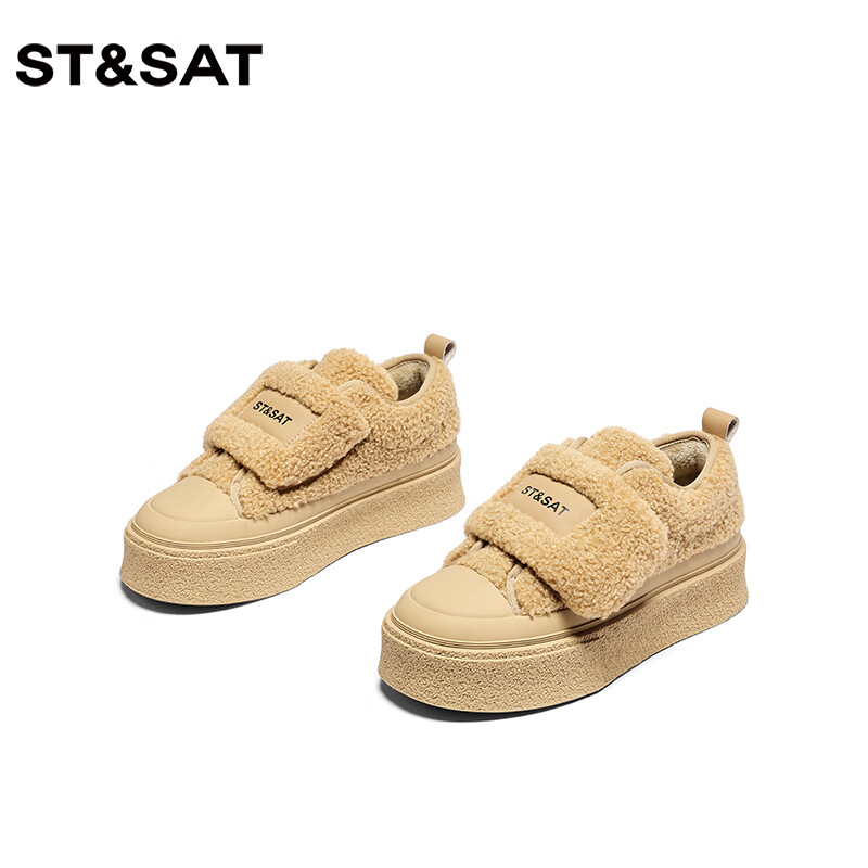 星期六（St&Sat）毛毛鞋女2025新款时尚百搭纯色厚底圆头运动休闲鞋 卡其色 36