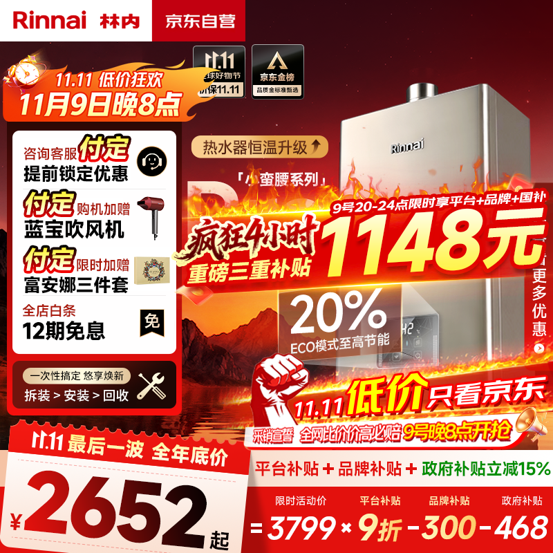 林内（Rinnai）【小蛮腰Pro】16升燃气热水器天然气【国家补贴15%】恒温ECO节能 低水压启动16GD32（JSQ31-GD32）