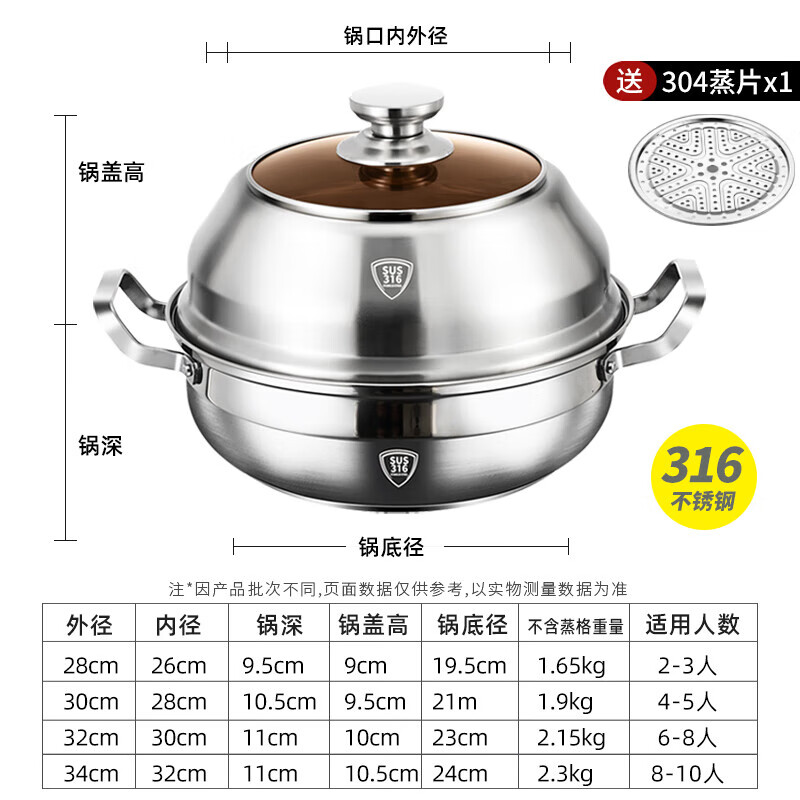 YMOLGA加厚316不锈钢蒸锅家用2025新款大容量大号蒸锅单层多层蒸煮锅 【 单层蒸锅 28cm