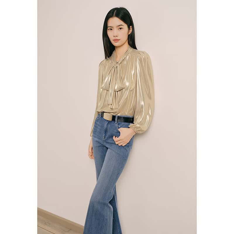 OBBLIGATO奥丽嘉朵秋冬浅金蝴蝶结系领光泽感衬衣 上衣 浅金 S
