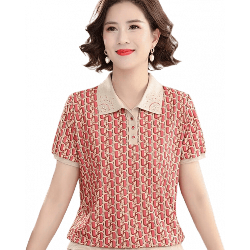 皮爾卡丹（pierre cardin）2025新款中年夏裝翻領(lǐng)印花衫女洋氣媽媽裝襯衣寬松套頭女裝 7739紅色 M 建議80-100斤