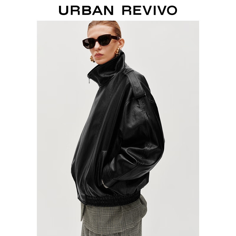 UR2025秋季新款女装潮流机能斜拉链立领超宽松外套UWM150061 黑色 M