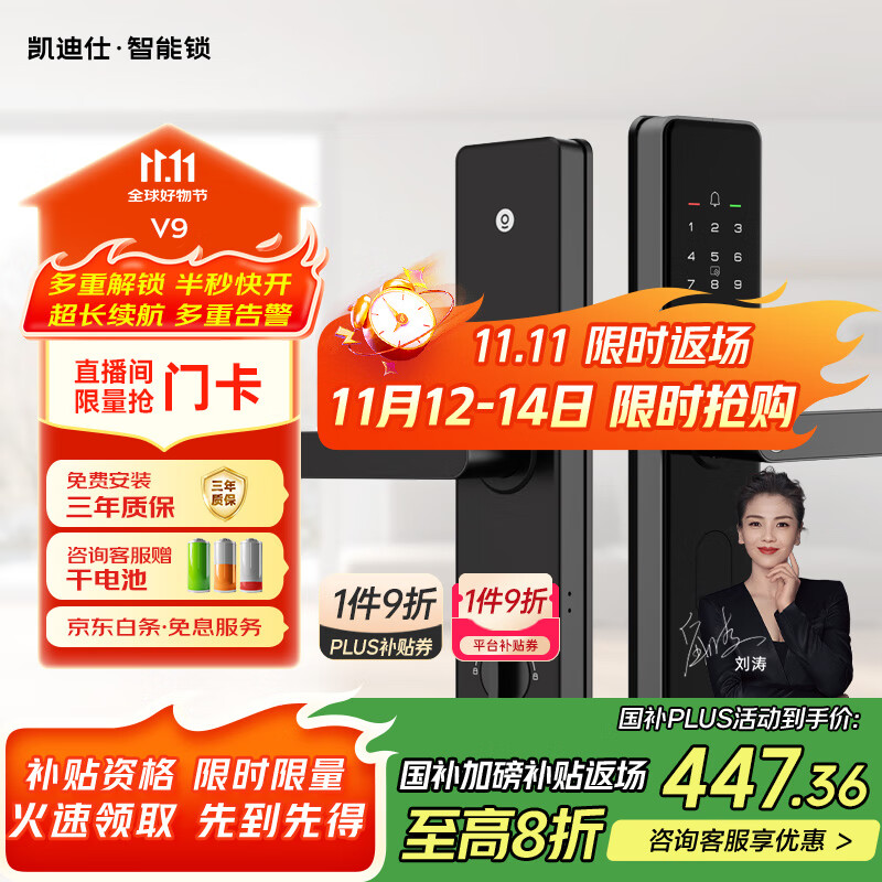 凯迪仕（kaadas）智能门锁 指纹锁 防盗门锁密码锁 入户门电子智能锁 V9