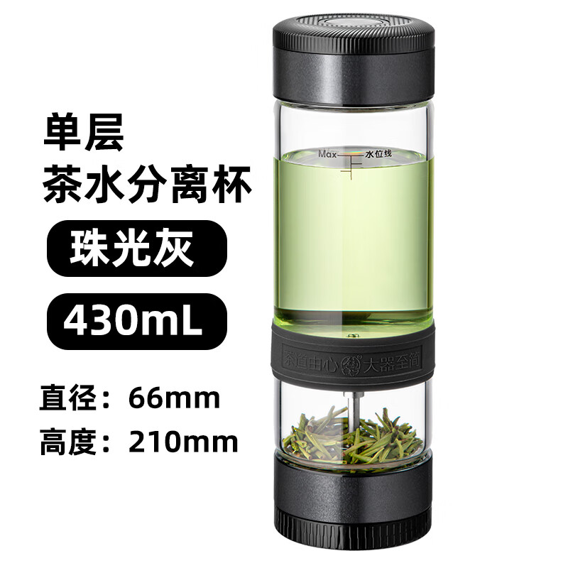 茶之戀新品茶水分離杯大容量透明玻璃杯辦公泡茶 單層-珠光灰430mL