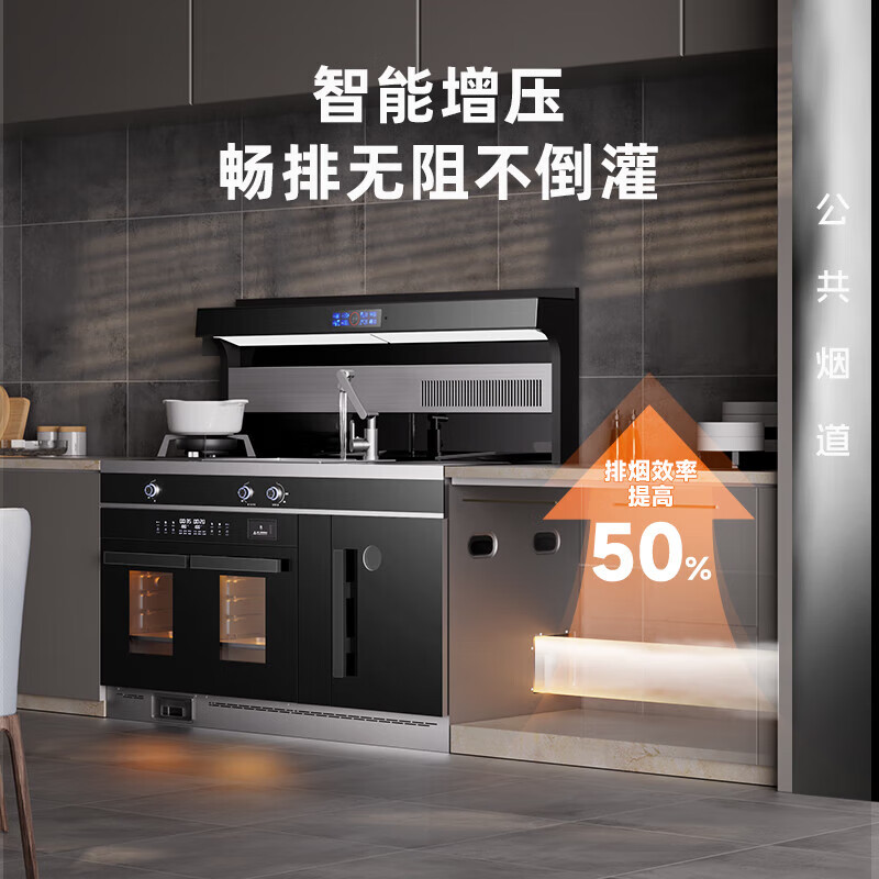 冈田（日本）集成柴火灶无烟智能一体式柴火灶家用别墅自建房一体灶低噪节能变频抽油烟机燃气灶具套装 1.5米 双燃气灶+左烤右蒸+柴火灶+烟机 液化气20Y
